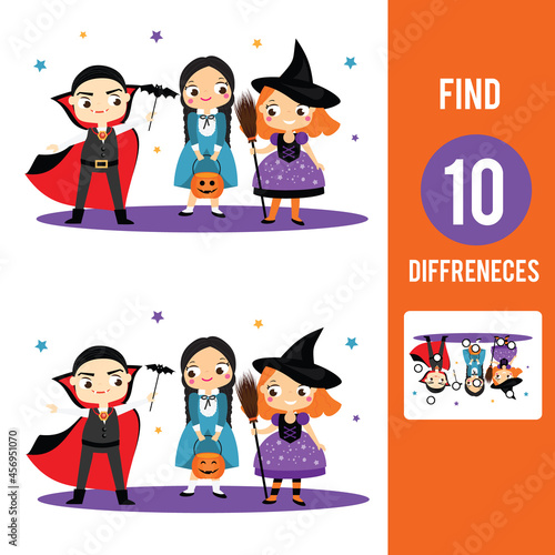 Find the differences educational children game. Kids activity sheet with Halloween kids in costumes