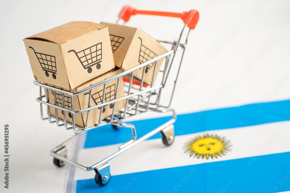 Box with shopping cart logo and Argentina flag, Import Export Shopping online or eCommerce finance delivery service store product shipping, trade, supplier concept.