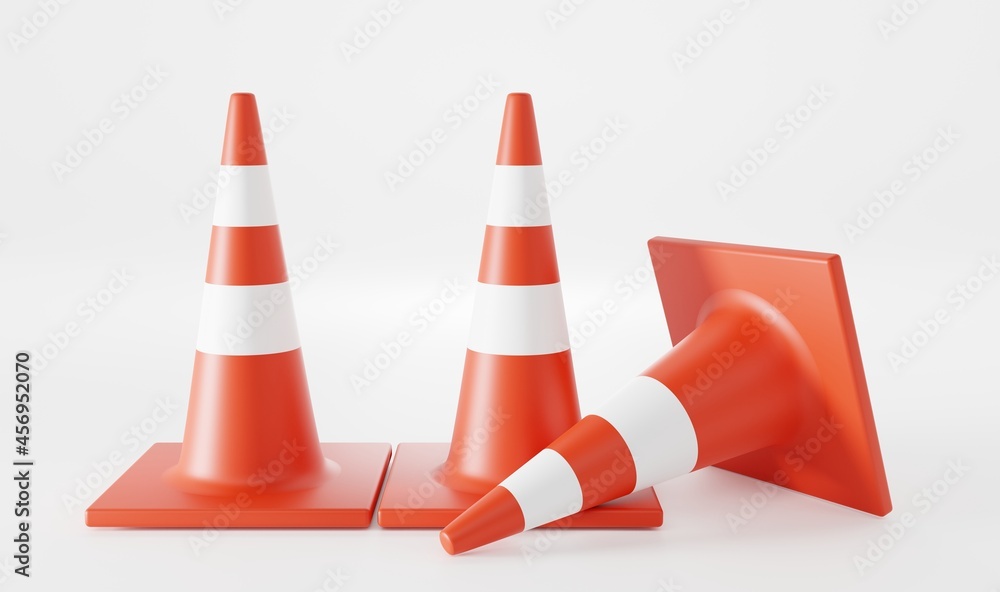 Traffic cones front view and lying down. Mockup orange striped warning sings, repair barriers, roadblocks, construction fences. Road works equipment isolated on white background. Realistic 3d set Traffic cones front view and lying down. Mockup orange striped warning sings, repair barriers, roadblocks, construction fences. Road works equipment isolated on white background. Realistic 3d set