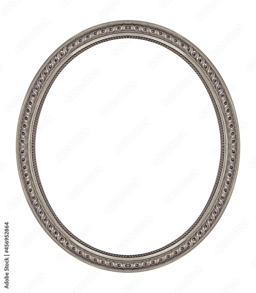 Silver oval frame for paintings, mirrors or photo isolated on white background. Design element with clipping path. Silver oval frame for paintings, mirrors or photo isolated on white background. Design element with clipping path.