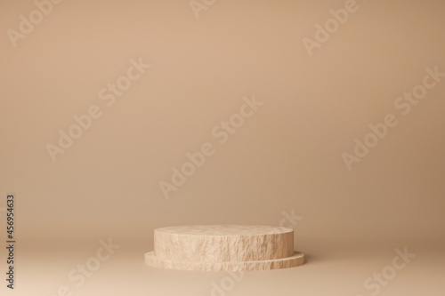 Circle podium brown pastel color with rock texture. 3D Rendering illustration. Mock-up showcase for product branding banner and cosmetics product. Product presentation minimal.