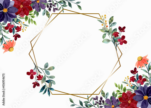 Colorful watercolor flowers with geometric frame