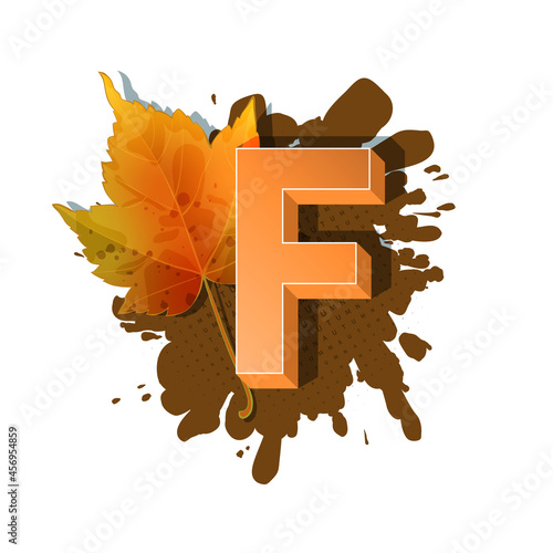 Autumn 3D pop art alphabet, colorful bold letter F and maple leaf on a halftoned and spotted background. Multilayer funny vector letters in retro comic style for websites, posters, comics and banners.