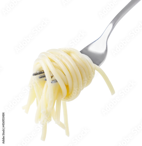 Spaghetti on a fork on a white background. Isolated