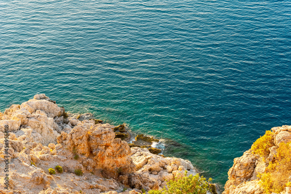 Aerial view of sea waves and fantastic rocky coast in Turkey