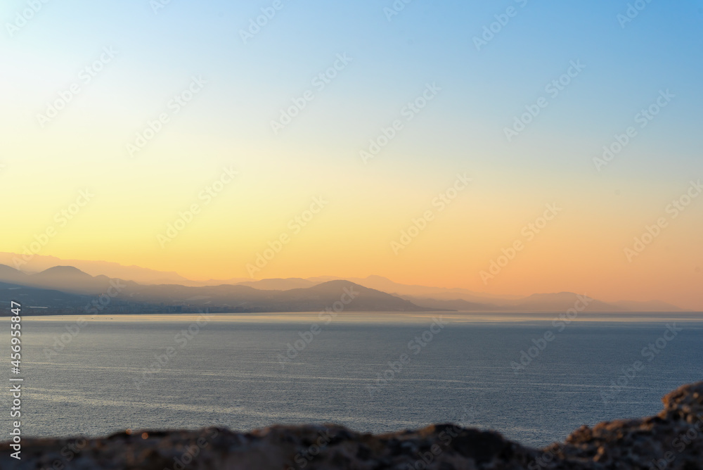 Mountain panoramic landscape with silhouettes of mountains at sunrise in Alanya.