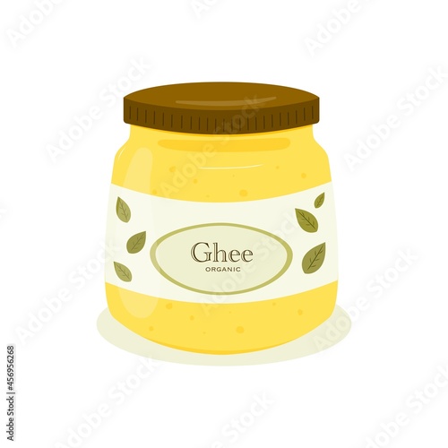 Melted butter in a glass jar in a cartoon style. Superfood. Vector on a white isolated background