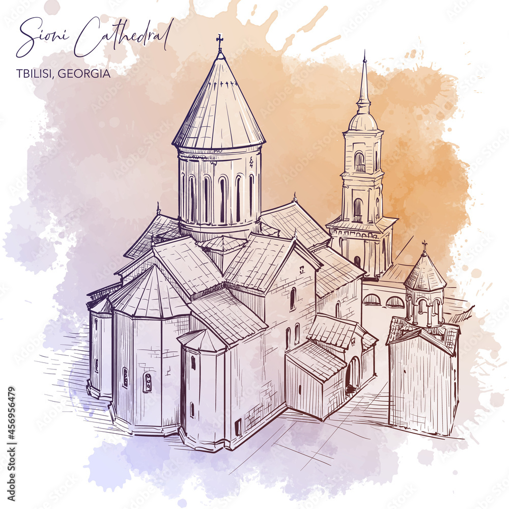 Sioni Cathedral in Tbilisi, Georgia. Line drawing isolated on grunge watercolor textured background. 