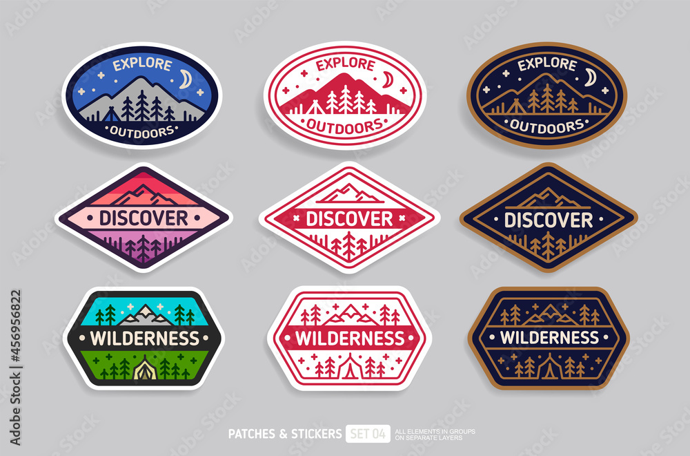 Discover Camp badge or patch icon Emblem design - vector illustration. Travel night camping and hiking path or sticker set. Mountains and camping tent in a pine forest