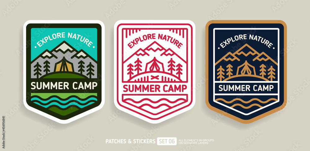 Summer Camp badge or patch Logo Emblem design - vector illustration. Travel camping and hiking path or sticker set. Mountains and camping tent in a pine forest
