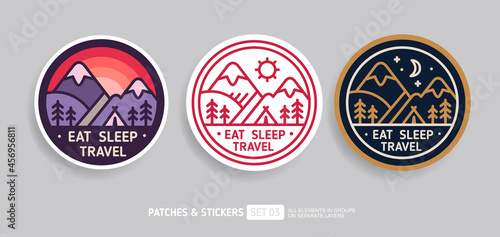 Eat sleep travel - camping badge or patch design. Mountains and camping tent in a pine forest. Minimalistic vector design