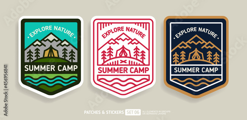 Summer Camp badge or patch Logo Emblem design - vector illustration. Travel camping and hiking path or sticker set. Mountains and camping tent in a pine forest 