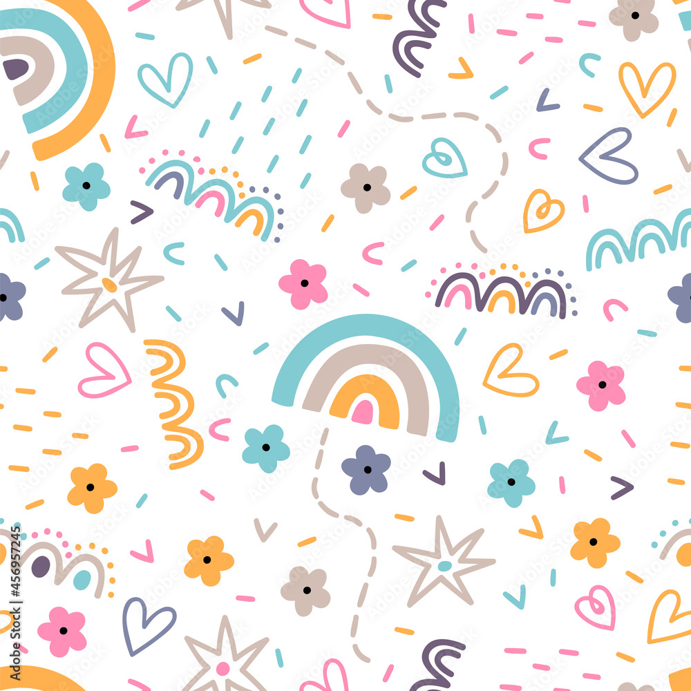 Cute scandinavian seamless pattern. Hand drawn nursery design. Trendy baby texture for fabric, textile, cloth, wrapping paper. Childish background