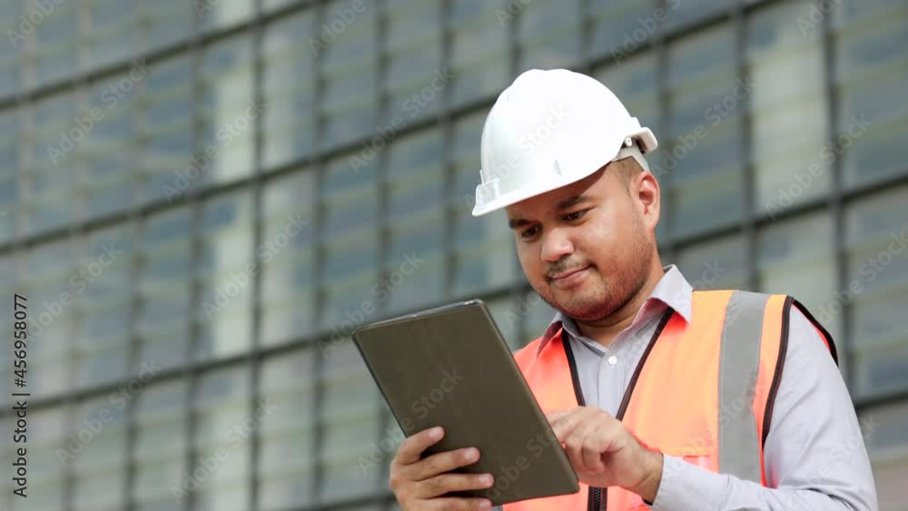 Young worker indian civil engineer using tablet planning the project build the modern construction reading the blueprint. Asian Architecture or engineer working in the building construction site. Young worker indian civil engineer using tablet planning the project build the modern construction reading the blueprint. Asian Architecture or engineer working in the building construction site.