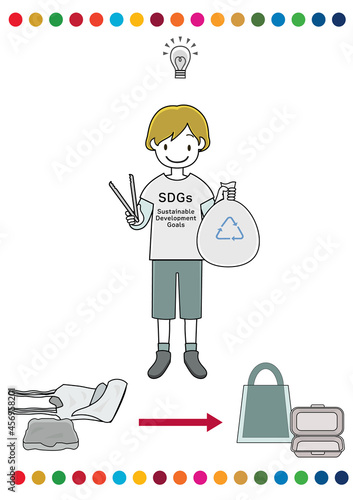 SDGsのシャツを着てゴミ拾いのボランティアをする男の子（ゴミ削減のアイディア等のひらめきをイメージ）