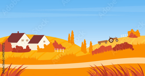 Autumn landscape with farm house, road and tractor on agriculture field vector illustration. Cartoon village countryside scene, yellow grass meadow and wheat fields with working agricultural machinery