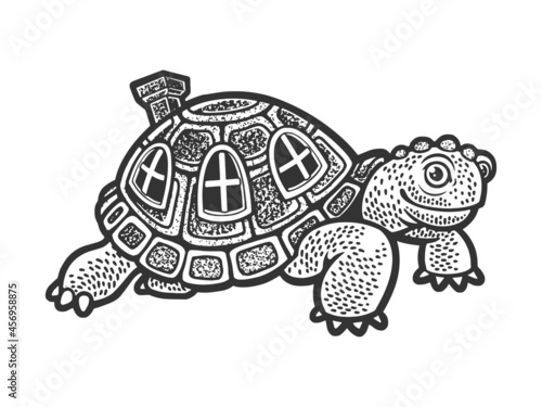 cartoon turtle with carapace shell house sketch engraving vector illustration. T-shirt apparel print design. Scratch board imitation. Black and white hand drawn image.