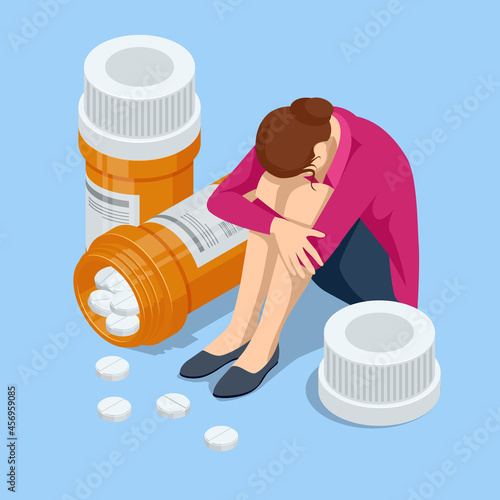 Sad woman character in depression, addict people despair. Mental disorder and chaos in consciousness.