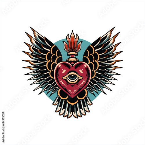 flying heart tattoo illustration vector design