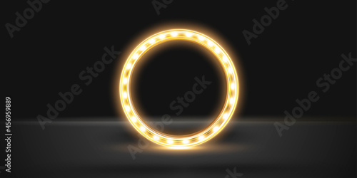 Studio black room.Frame with glowing bulbs.Light effect .Vector illustration.