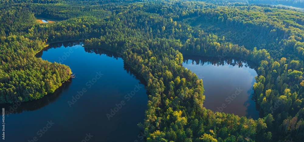 Aerial view of wild forest lake in Lithuania