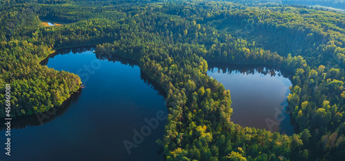 Fototapeta Naklejka Na Ścianę i Meble -  Aerial view of wild forest lake in Lithuania