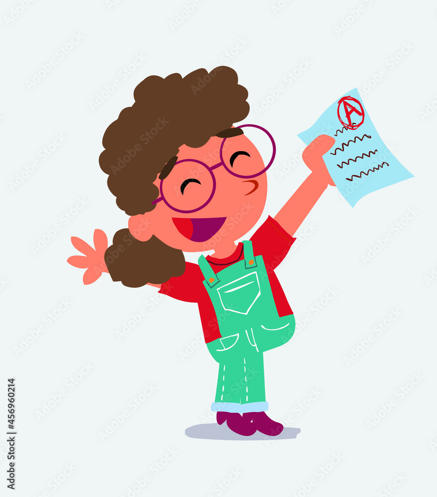very happy cartoon character of little girl on jeans with a exam in hand very happy cartoon character of little girl on jeans with a exam in hand