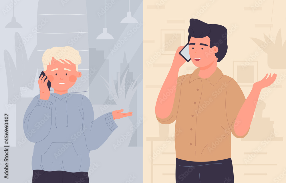 Father talking to boy kid on mobile phone vector illustration. Cartoon cute family characters talk by cellphone, holding smartphone for fun conversation, happy parents and children background Father talking to boy kid on mobile phone vector illustration. Cartoon cute family characters talk by cellphone, holding smartphone for fun conversation, happy parents and children background