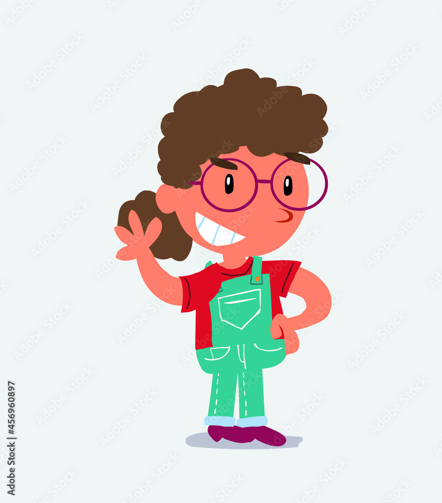  cartoon character of little girl on jeans waving while smiling