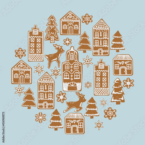 Vector illustration of isolated gingerbread cookies, including houses, deer, fir trees, snowflakes. gingerbread circle