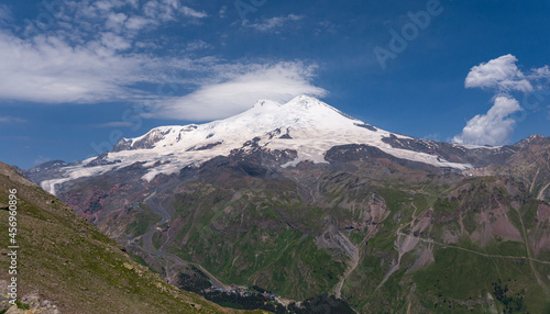 Volcano Elbrus. Landscape view in the south-east of mount from Cheget mount. Kabardino-Balkaria region, Russia.