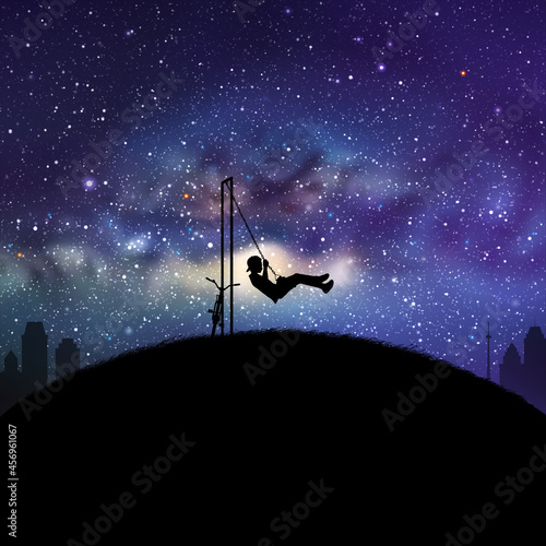 Boy on swing. Child silhouette on playground. Starry night, Milky Way