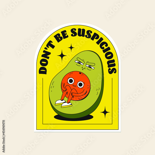 Cute vector fruits sticker pack. A cool suspicious avocado and tangerine with funny faces. Flat line art illustration. Colourful original trendy character. Childish set of drawings.