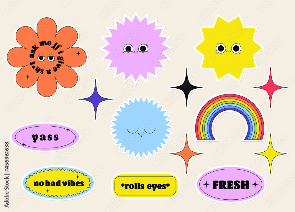 Cute minimalistic vector sticker pack. A bundle of colourful retro shapes with phrases. Stars, flowers, rainbow with funny faces. Editable badge clipart design. Cute minimalistic vector sticker pack. A bundle of colourful retro shapes with phrases. Stars, flowers, rainbow with funny faces. Editable badge clipart design.