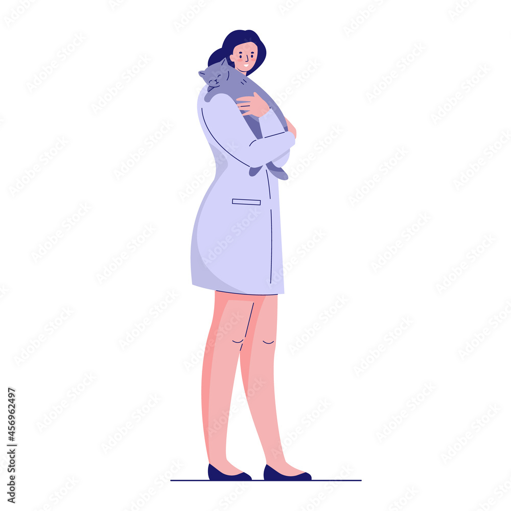 Veterinarian doctor with a cat in a medical gown. Vector illustration in flat style. Veterinarian doctor with a cat in a medical gown. Vector illustration in flat style.