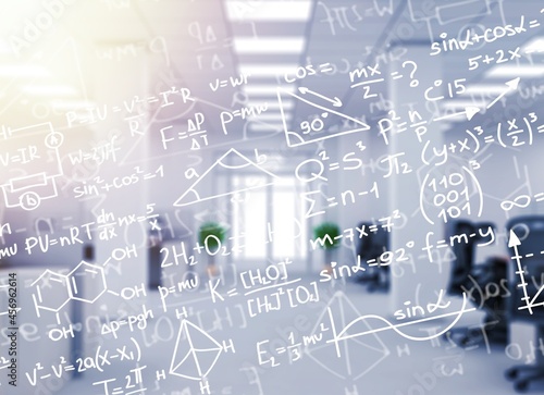 Double exposure of scientific formula on empty modern office background
