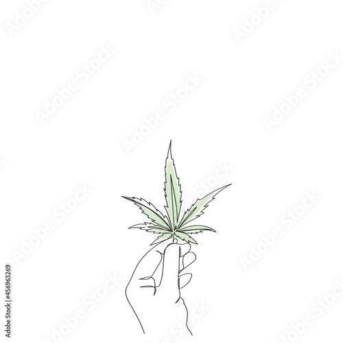 Cannabis leaf. Hand holding a marijuana leaf. Background of the theme of legalization and medical hemp in the world.