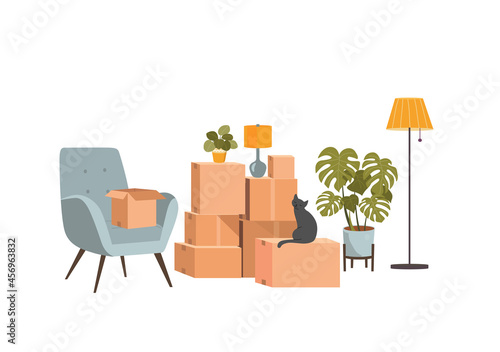 Moving boxes and furniture. Vector  illustration