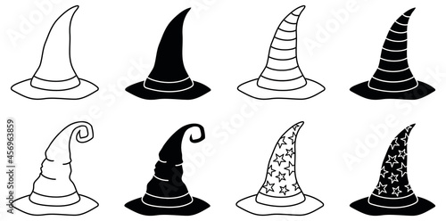 Witch and Wizard Hat Outline and Silhouette Clipart Set