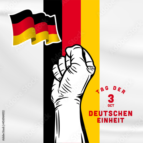 Square Banner illustration of German Unity Day celebration. Translation: Day of German unity. Waving flag and hands clenched. Vector illustration