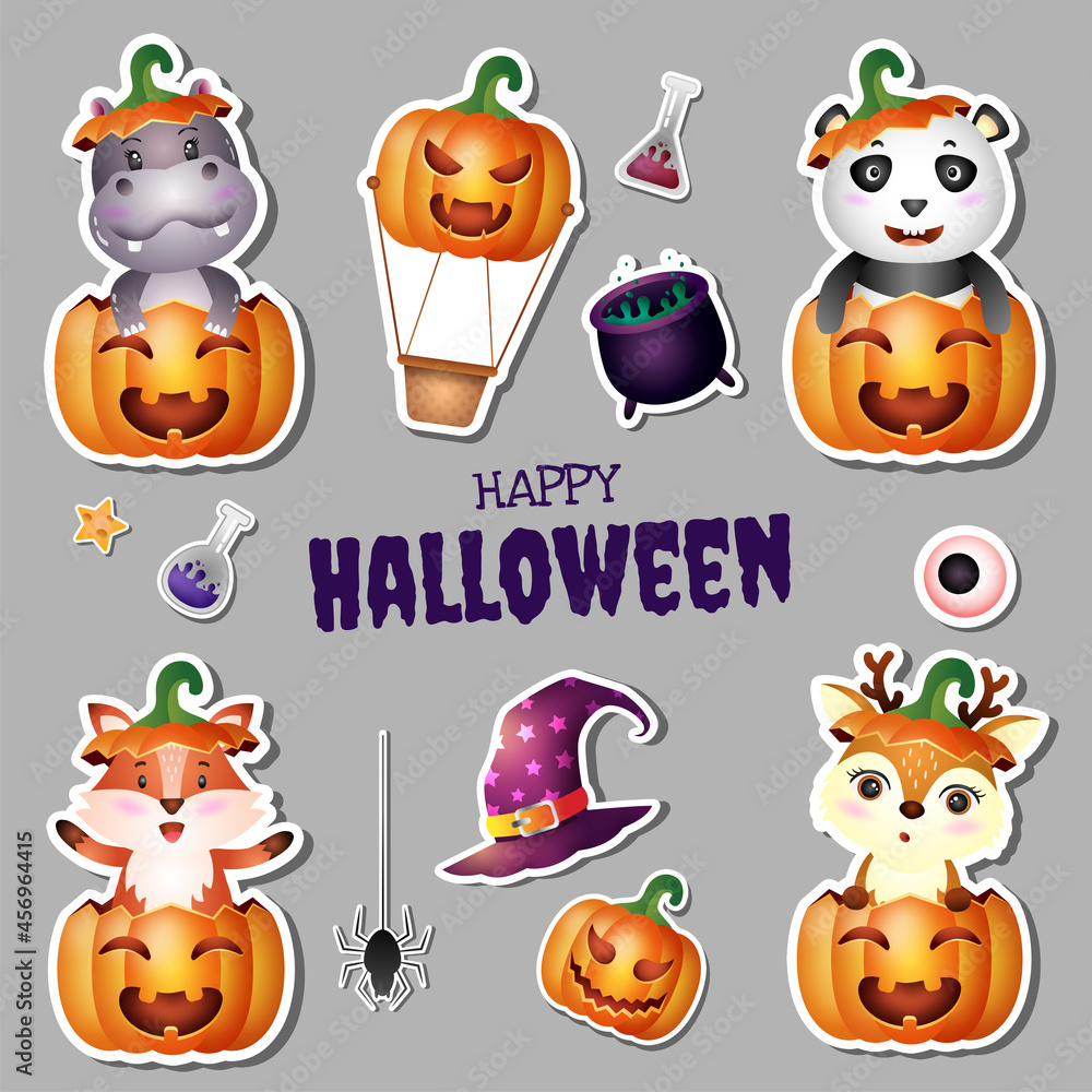 Obraz premium Stickers halloween collection with cute hippo, panda, fox and deer