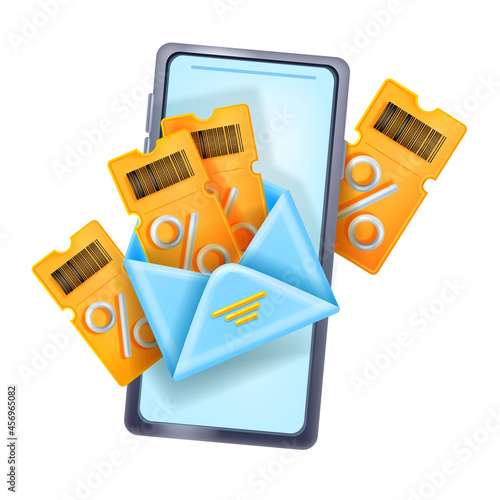 3D vector discount coupon illustration, voucher gift prize icon, smartphone screen, open envelope. Customer bonus point reward, percent sign, SMM online sale newsletter concept. 3D coupon clipart