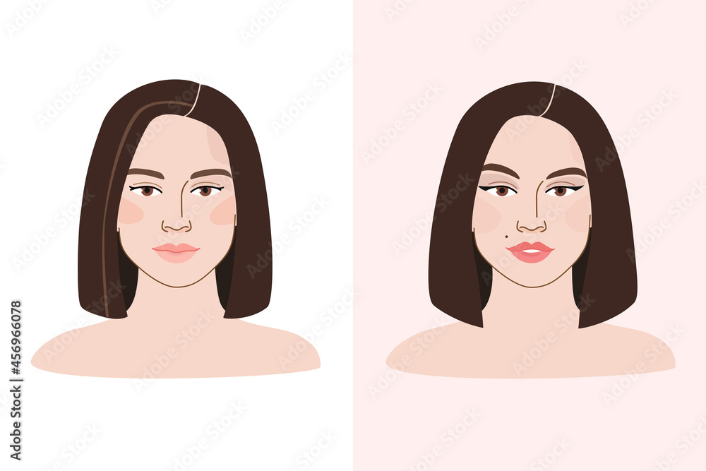 Portrait of girl with blach hair and bright makeup. Cute illustration of woman face. Contour line illustration for beauty salons, cosmetics. Portrait of girl with blach hair and bright makeup. Cute illustration of woman face. Contour line illustration for beauty salons, cosmetics.