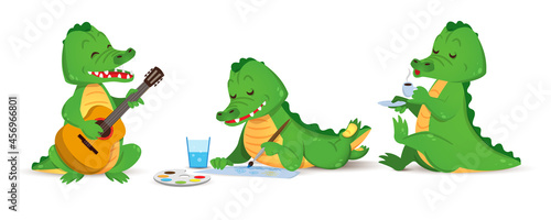 A cute green crocodile plays the guitar, draws and drinks coffee. A set of figurines of individual alligator animals. Vector