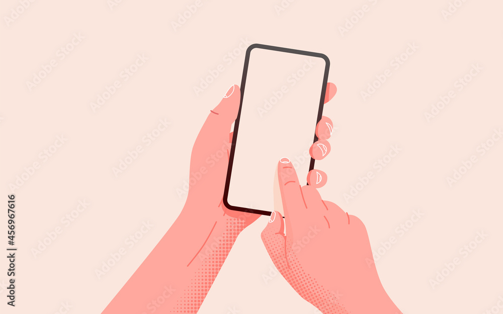 Holding phone in two hands. Empty screen, phone mockup. Editable smartphone template on isolated background.