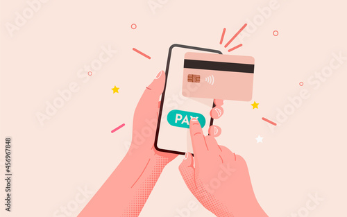 Mobile banking app and e-payment. Hand with smartphone and pay by credit card via electronic wallet wirelessly on phone. Online banking. Shopping by phone and connected card.