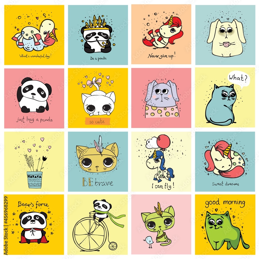 Obraz premium Vector set of cards with cute happy animal in the scandinavian style for kid s interiors, banners and posters.