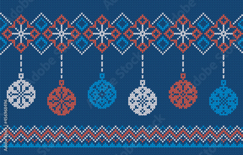 Knit pattern with Christmas balls. Blue seamless frame. Xmas ugly ornament. Holiday festive texture. Knitted background. Fair isle traditional print. Vector illustration.