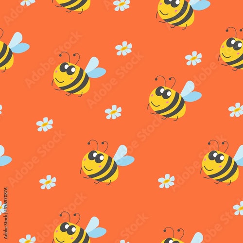 Seamless pattern with bumblebee, and chamomile flowers. Orange background. Yellow, grey, blue and pink. Cartoon style. Cute and funny. For kids post cards, wallpaper, textile, wrapping paper, print © Куприянова Ксения