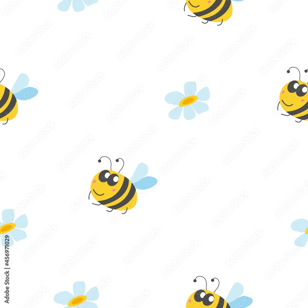 Seamless pattern with bumblebee, and chamomile flowers. White background. Yellow, grey, blue and pink. Cartoon style. Cute and funny. For kids post cards, wallpaper, textile, wrapping paper, print